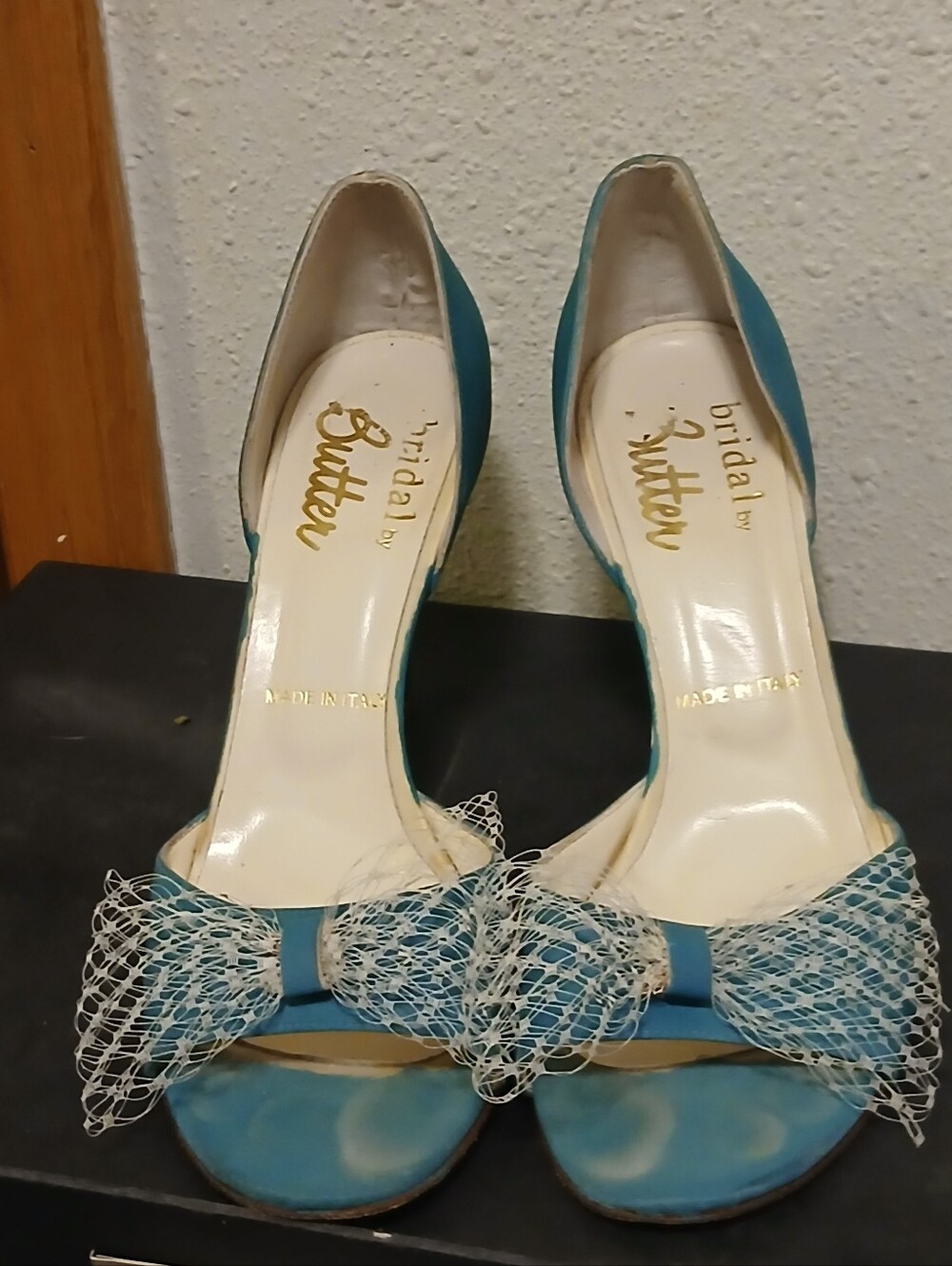 Bridal by Butter Italian Teal Blue Silk Satin Bow Peep Toe Heels Size 9.5